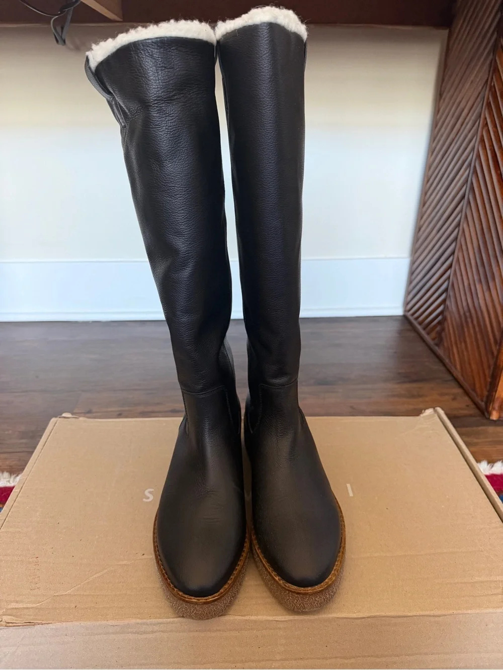Black Leather Knee-High Boots with Cream Shearling Cuff